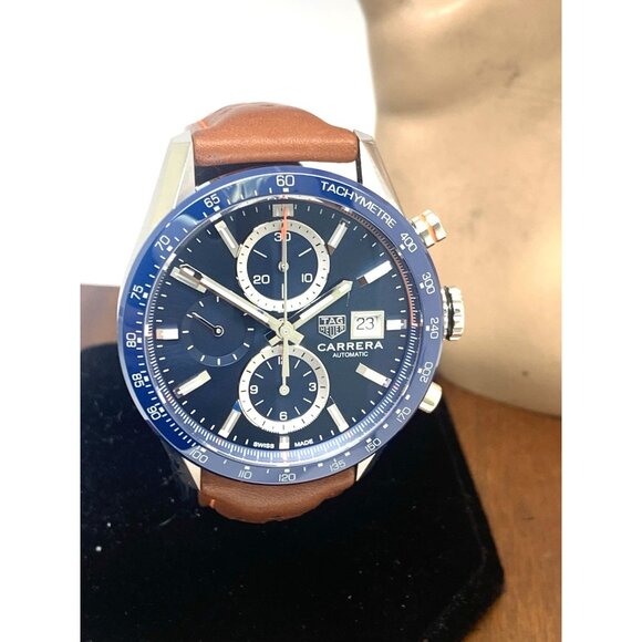 Tag Heuer Carrera Men's Watch CBM2112 Swiss Automatic Blue Dial Brown Leather - Picture 13 of 14